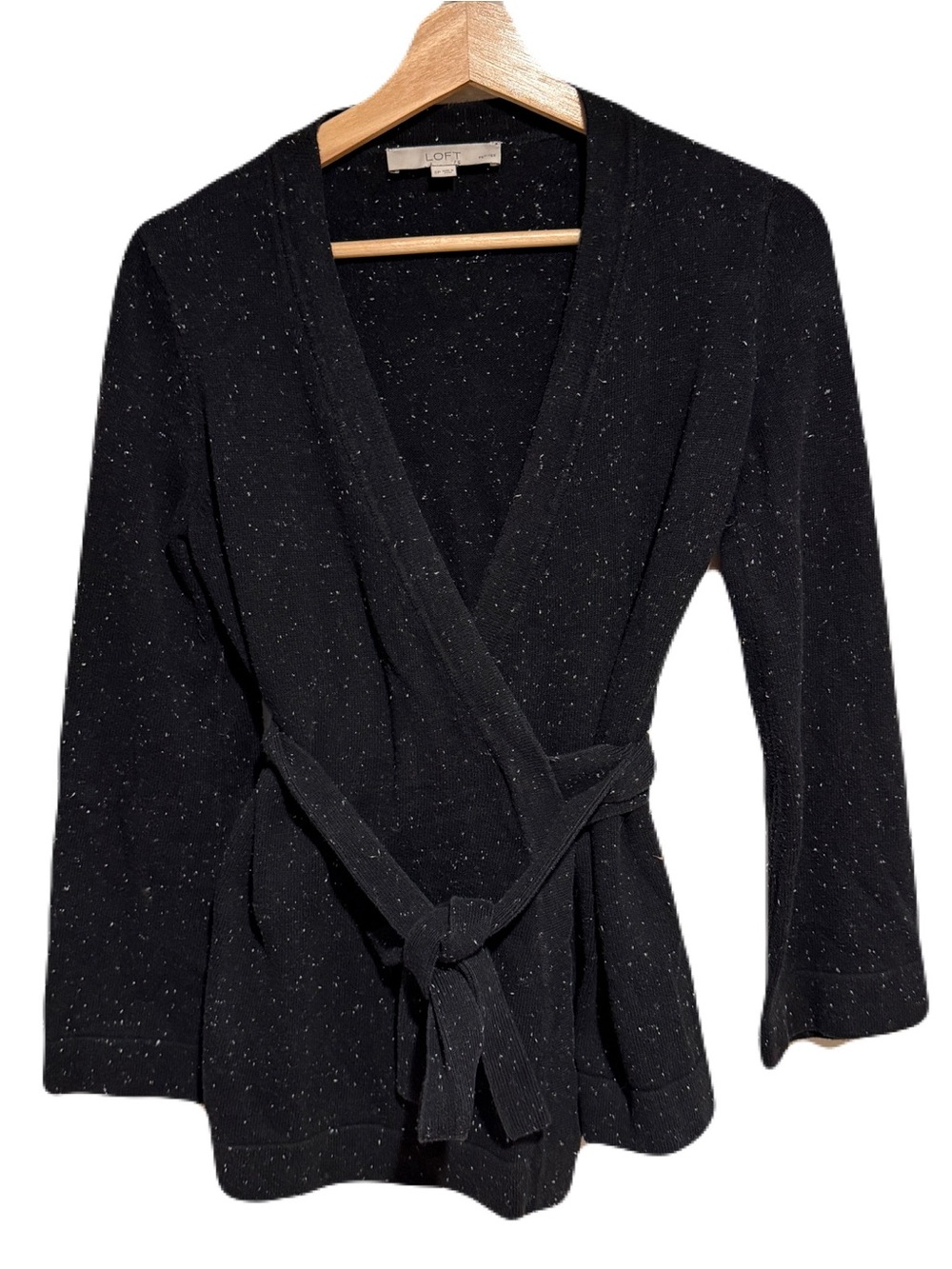 LOFT Black Speckled Wrap Sweater with Tie Belt